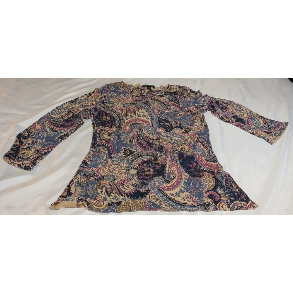 Lauren Ralph Lauren Silk Paisley Top Womens Large Blue Excellent Long Sleeve